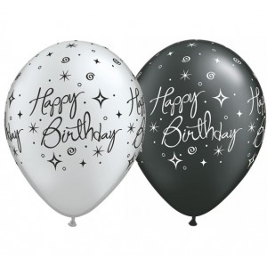 11" Birthday Elegant Sparkles & Swirls (LBR) - Sliver & Pearl Onyx Black (50ct) , QL11RI37497 (0)